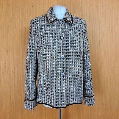£10.20 • Buy Vintage Jacket Blazer UK16 Woven Knit Beige Brown Fitted Velvet Trim Berketex