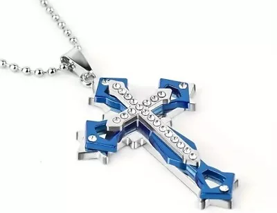 Blue Exquisite Amulet Men's Zircon Cross Pendant Necklace Titanium Steel... • $5.99