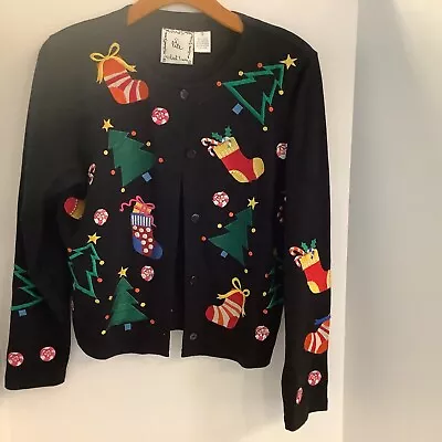 Michael Simon Lite S Black Christmas Snowman Cardigan VTG • $35