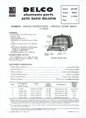GM Delco 1957 Pontiac Push Button Radio 988671 Service And Parts Bulletin • $10.99