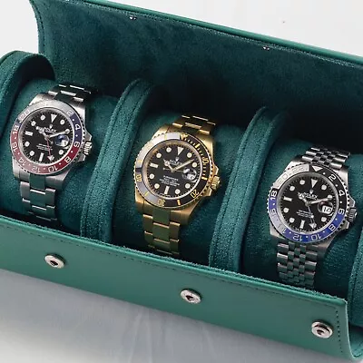 The Watch Wardrobe Green Triple Watch Roll Case Protector Display Travel Box New • £44.95