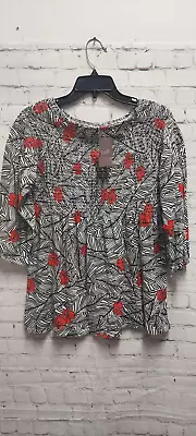 NWT J. Jill Black Red Floral Stretch Top Blouse Women’s XS 3/4 Sleeve Smocked • $11.99