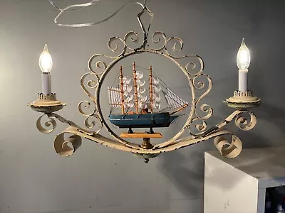 Antique Vintage Iron Boat Chandelier Shabby Original Painted 2 Light Unique • $395