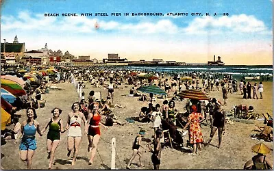 Postcard NJ Beach Scene Steel Pier In Background Happy Girls Running Bathers B4 • $6.58