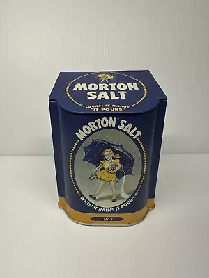 Mortons Salt Vintage Reproduction Hinged Slanted Top Tin 1941 Blue Umbrella • $7.99