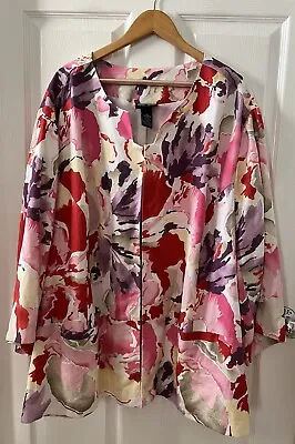 Maggie Barnes Womens 5X Plus Blazer Jacket Giant Flowers Linen-Blend Multi-Color • $25.99
