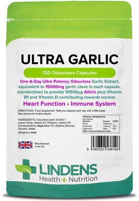 Odourless Garlic Capsules 15000mg 120 Ultra High Strength Softgels Lindens • £9.95