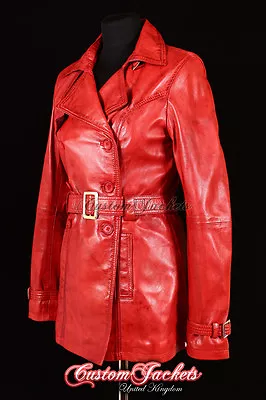 Ladies Red Real Lambskin Leather TRENCH COAT Belted Jacket Stylish Mac 1123 • $150.01