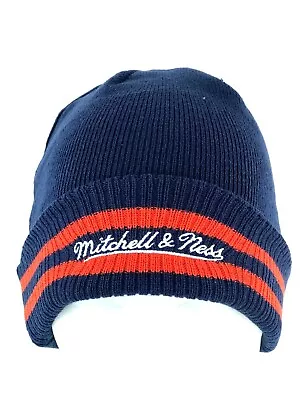 Mitchell & Ness Navy Beanie Stocking Cap Hat With Cuff And Orange Stripes • $7.99