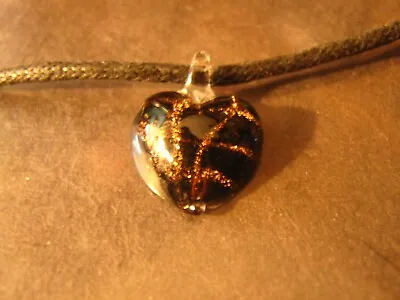 Dainty Art Glass Heart Pendant Cord Necklace Brown & Gold Swirl • $5.50