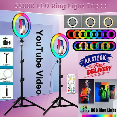 $25.78 • Buy 13  RGB LED Ring Light & 1.6M Tripod Dimmable Lighting Kit Makeup Youtube Live