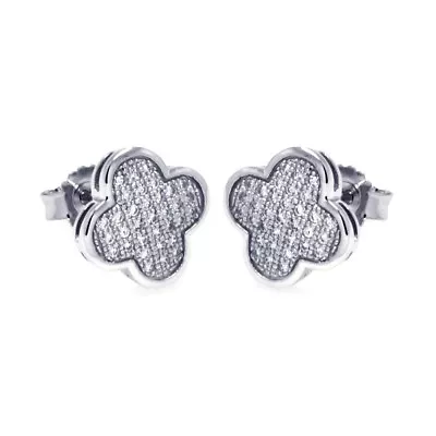 Sterling Silver Flower Micro Pave CZ Stones Stud Earrings • $21.99