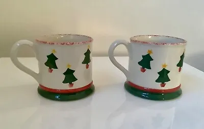 Vintage LAURA ASHLEY Christmas Trees Hand Painted Mugs X2 - Dishwasher Safe • £22