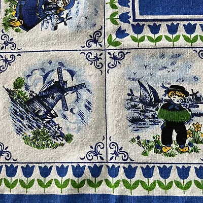 Vintage Printed Cotton Tablecloth Holland Blue Tulips Dutch Windmills  29” Sq. • $24.95