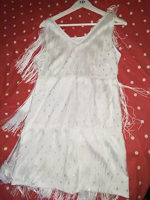 Beautiful White Fringed 1920s Flapper Style Charleston Dress - Size 10-12 • £9.99