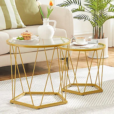 HOOBRO Side Table Set Of 2 Glass End Table With Metal Frame Gold Coffee Table • $72.19
