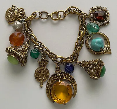Vintage Chunky Charm Bracelet Fob Rings Amber Napier ? Italian Etruscan Revival • $235