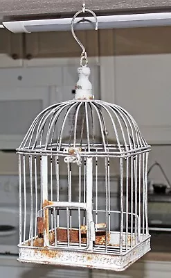 Vtg Wrought Iron Embossed White Domed Working Birdcage Perch Hanging Hook 13  H • $23.76