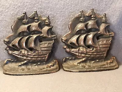 Vtg Cast Iron Gold Finish Pirate Sailing Ship Nautical Bookends 5  Tall 4.75  Wi • $11.95