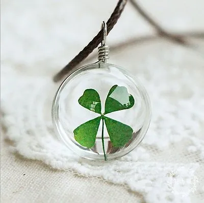 Round Real Green Lucky Shamrock Four Leaf Clover Pendant Necklace Friends Gift • $3.64