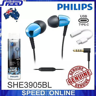 PHILIPS SHE3905BL Headphones Earphones With Mic - 3.5mm & IPhon15 USB-C - BLUE • $50