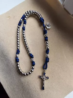 Blue/black Paracord Catholic Rosary Silver Metal Plated 9.5mm Acrylic Beads • £21.95