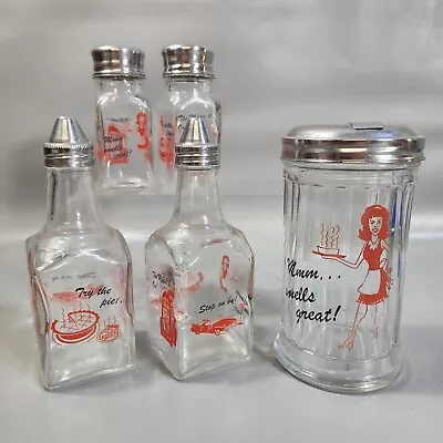 Vintage Diner 5 Piece Condiment Set Clear Glass Rout 66 Red • $20.99