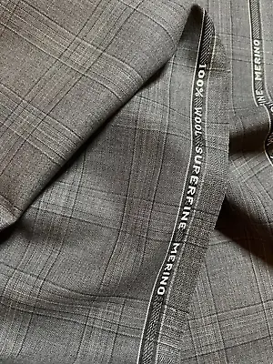 5 Metres Grey Check Super 120s Merino Wool Lightweight Suit Fabric. Made In U.K • $126.38
