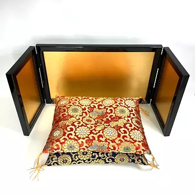 Japanese Mini Byobu Folding Screen 21x7  Gold Leaf Foil W/ Zabuton Cushion Pair • $79.99
