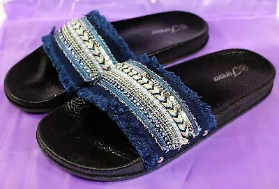 H2K Womens Beaded Rhinestone Sequined Fringed Slip On Slides Sandals Sz 8 • $6.99