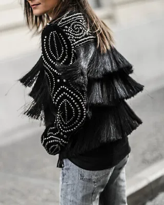 A520 Zara Woman Black Velvet Blazer Fringed Studded Kimono Jacket Coat - S • $169.99