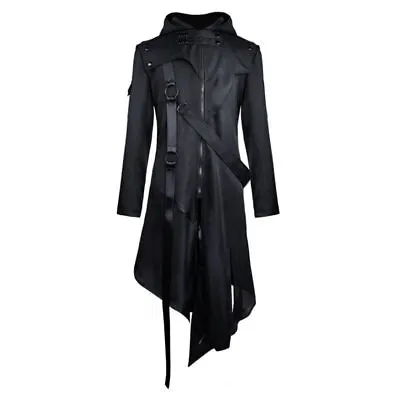Mens Steampunk Trench Coat Gothic Punk Long Cosplay Hoodie Black Jacket Outwear • $58.31