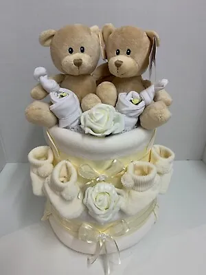 2 Tier Neutral Twins Teddy Nappy Cake Baby Shower Gift - FREE POSTAGE!! • £54.99