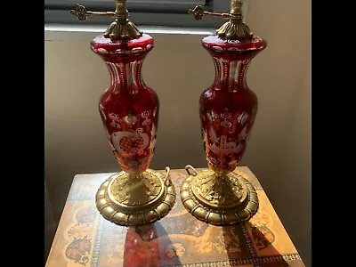 Pair Of Beautiful Mint 19th Century Red Moser Glass Table Lamps 220V • $999