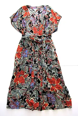 Vintage Together 100% Rayon Green Orange Floral Short Sleeve Midi Wrap Dress L • $26.99