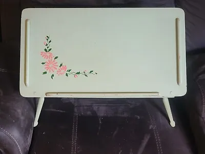 Vintage 1940's Wood Adjustable Lap Folding TV Bed Tray Table Green W/Pink Flower • $65