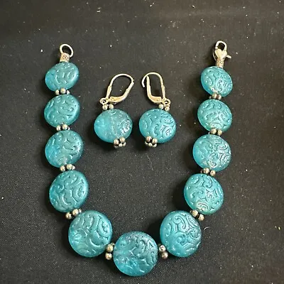 Estate Blue Glass Sterling Silver Necklace & Earrings Set • $37