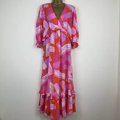 Very Midi Dress Pink Orange Bold Print Summer Holiday Womens 12 - 18 New • £12