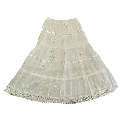 Vintage White Maxi Skirt L Boho Full Tiered Crochet Embroidered Sequin Bridal • $49.88
