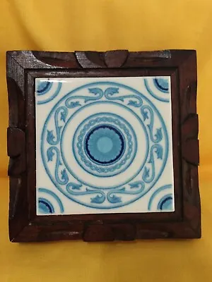 Ceramic Tile Hand Carved Wood Trivet ~Mid Century 6  Blue White Square ~Vintage  • $12.49