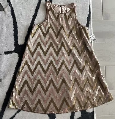 New Aidan Mattox Sequined Zigzag Geometric Golden Rose A-line Dress Women Size10 • $69.98