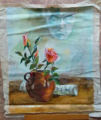 Vintage Original Oil Painting Ukrainian Culture Grief Two Roses In A Jar 20х16in • $8