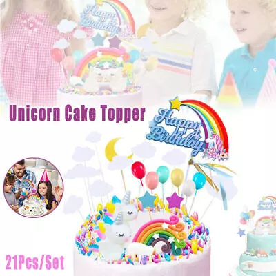 $13.18 • Buy 21Pcs/Set Unicorn Cake Topper Kit Cloud Rainbow Happy Birthday Banner Decoration
