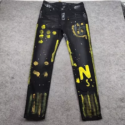 WAIMEA Jeans Mens 34x31 Skinny Fit Black Paint Splatter Leather Tag Straight Leg • $34.77