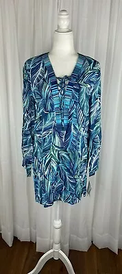 La Blanca Women's Sz Medium Blue Tropical Leaf Print Lace Up Cover Up New • $24.99