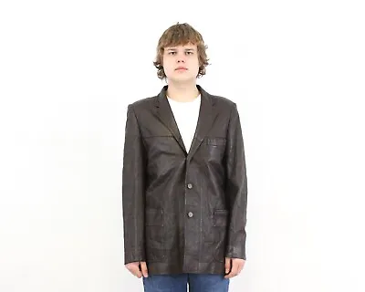RAUL Men UK 42 US Brown EU 52 Leather Jacket Over Coat Button Up Blazer Suit VTG • $41.25