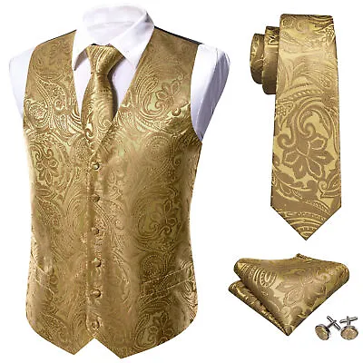 Mens Black Blue Red Paisley Dress Vest Neck Tie Hankie Set Suit Tuxedo Waistcoat • $21.99