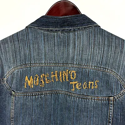 Moschino Jeans Vintage Denim Jacket Embroidered Logo Spell Out Mens Size US 34 • $74.99