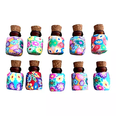 10 Little Bottles Brown Glass 19mm 1ml Corks Vials Embellished Fimo Clay Flowers • $6.99