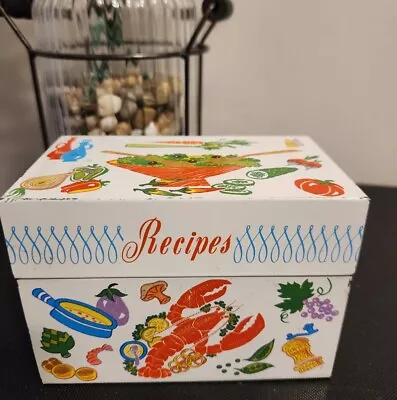 Vintage Ohio Art Floral Tin Kitchen Recipe Card Box Vegetables Lobster NICE  • $29.97